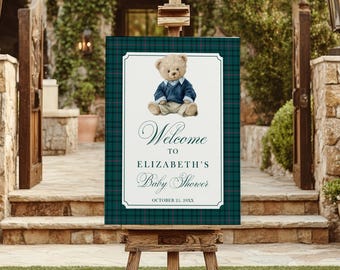 Vintage Polo Teddy Baby Shower plaque de bienvenue, modèle de décorations ours à carreaux Preppy Old Money