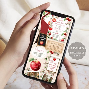 Puede incluir: Un conjunto de invitaciones digitales para baby shower en la pantalla de un teléfono inteligente, con ilustraciones de manzanas en acuarela, detalles florales y texto que incluye The apple of our eye, Madeline Dennier, Sept 18, Diaper Raffle.