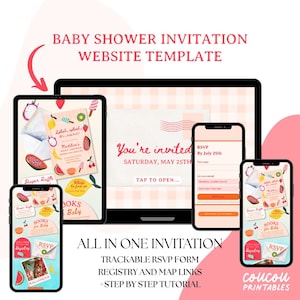 May include: A digital baby shower invitation template displayed on a tablet and smartphones. The design features a playful fruit theme with text that reads "You're invited" and "RSVP". The overall color scheme is soft pink and white.