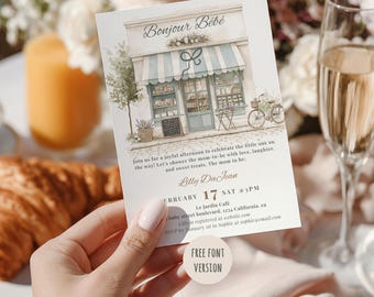 Invitación imprimible al baby shower del café parisino, tema Bonjour Bébé (descarga digital)