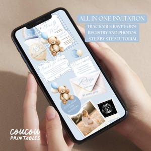 Puede incluir: Una plantilla de invitación digital en la pantalla de un teléfono inteligente con un tema de osito de peluche y detalles azules. La interfaz incluye secciones para un formulario RSVP, registro, fotos y un tutorial. El texto incluye ALL IN ONE INVITATION, TRACKABLE RSVP FORM, REGISTRY AND PHOTOS, STEP BY STEP TUTORIAL, Can't Bearly Wait, Books for baby, Diaper Raffle, RSVP y CLICK HERE FOR REGISTRY.