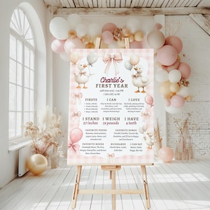 Printable One Silly Goose Milestone Sign, 1st Birthday Board, Pink Gingham, Goose 1st Birthday, Pink Coquette Bows Template Gingham