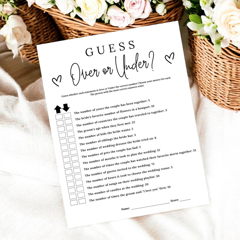 Over or Under Bridal Shower Game | Editable Template, Digital ...