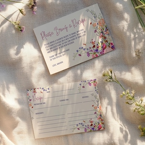 Schede di ricette stampabili per la festa nuziale con fiori di campo primaverili e si prega di portare un inserto per la ricetta - Modelli modificabili 5x3,5", Brunch di nozze, cp01