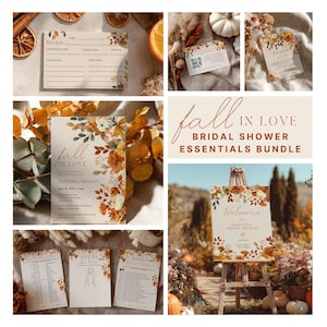 Op de afbeelding: Een collage van herfst-thema bruidsdouche briefpapier. Inclusief receptkaarten, uitnodigingen en spelletjes. Het ontwerp heeft bloemaccenten in tinten oranje, geel en wit, met de tekst "Fall in Love".