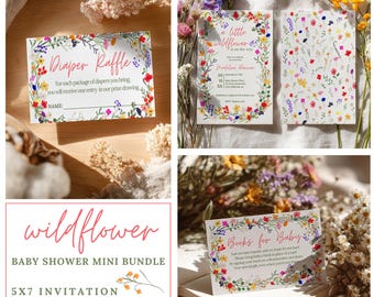 Mini lot « Une petite fille aux fleurs sauvages » pour baby shower : faire-part, tombola de couches florales, cartes-livres