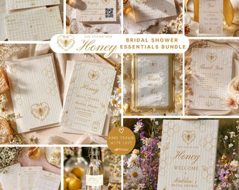 May include: A bridal shower stationery bundle featuring a honey bee and honeycomb theme with gold foil accents. The set includes invitations, recipe cards, thank you tags, and welcome signs, all printed on cream-colored paper with vertical stripes.