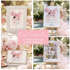 Könnte beinhalten: Eine Sammlung von rosa Abschluss-Schildern mit Schleifen-Design. Die Schilder zeigen Texte wie "Cards and Gifts", "Welcome to Madeline's Graduation Party" und eine individuelle Option. Das Bundle enthält 20 Schilder.