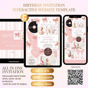 Könnte beinhalten: Eine interaktive Website-Vorlage für eine Geburtstagseinladung mit rosa-weiß gestreiftem Design, Schleifen, Schallplatten und Musiknoten. Das Layout enthält Fotoplatzhalter, Veranstaltungsdetails für Sabrinas ersten Geburtstag, RSVP-Formulare und einen QR-Code.