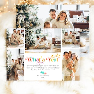 What a Year"-sjabloon voor nieuwjaarswens met 6 foto's, digitale download bewerkbare nieuwjaarsfotokaart 2025, kerstkaart, jaaroverzicht