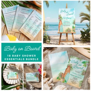 Kit de chá de bebê tropical de verão para impressão "Bebê a bordo", conjunto de chá de bebê surf com 18 peças, modelo editável para download instantâneo, pintado à mão