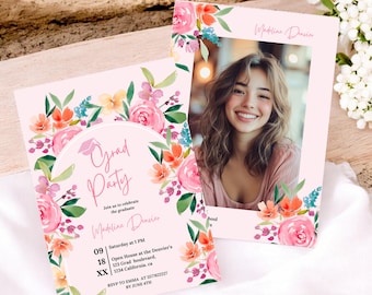 Bewerkbare roze bloemen afstuderen uitnodiging sjabloonfoto, handgeschilderde Boho Class of 2026 aankondiging, wilde bloemen