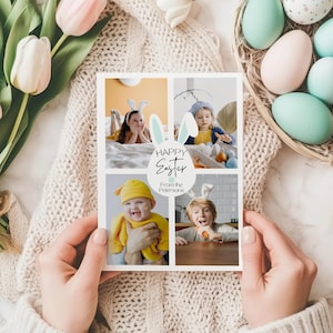 Cartão de 4 fotos com orelhas de coelho de Páscoa feliz editável – Saudação de Páscoa para impressão, download digital, fotos de férias de família de coelhos fofos