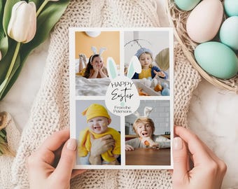May include: A white card with four photos of children wearing bunny ears. The card has the text "Happy Easter" and "From the Petersons" on it.