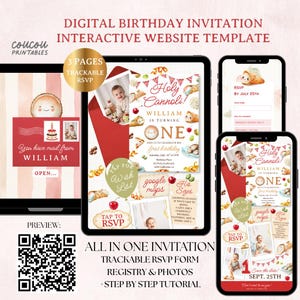 May include: A digital birthday invitation interactive website template displayed on a tablet and two smartphones. The design features cannoli illustrations, red accents, and text including Holy Cannoli, William is turning one, and RSVP by July 25th.