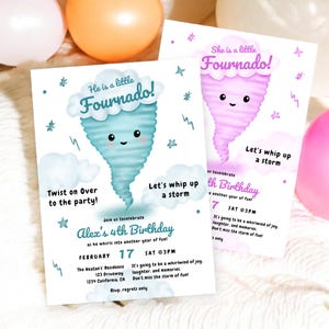 Modello di invito di compleanno modificabile Four-nado, invito di compleanno rosa e blu Tornado, festa del quarto compleanno di una ragazza e di un ragazzo, stampabile, digitale