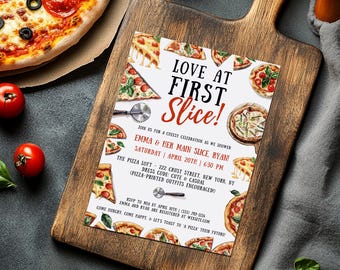 Love at First Slice Pizza Bridal Shower Invitation: Cheesy Couples Editable Template Italian Theme