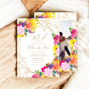 Convite de casamento em aquarela floral ousado com moldura dourada brilhante, modelo para impressão digital, casamentos de primavera e verão, flores pintadas à mão
