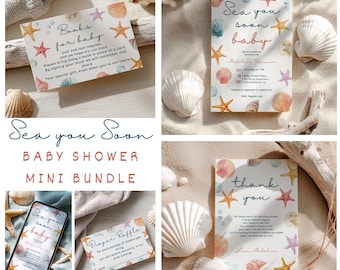 Zestaw zaproszeń na baby shower Sea You Soon w wersji mini: edytowalny, morski, neutralny pod względem płci