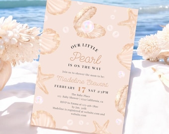 Elegant Pearl Baby Shower Invitation – Ocean Theme, Printable & Editable Template, Cute Summer Beach baby shower party invite illustration