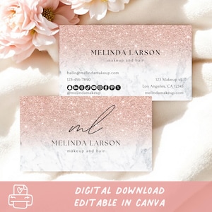 Luxus Visitenkarte Vorlage, Elegante Rose Gold Glitter Weiß Marmor Makeup und Haar Visitenkarte, Pink glitter Geschäft, druckbare Karte