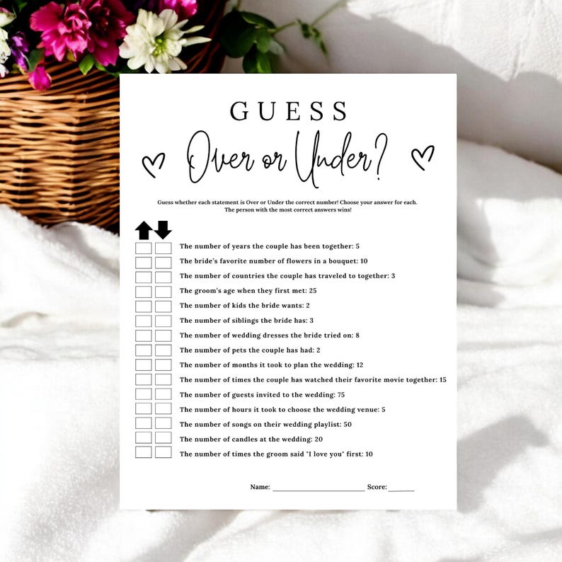 Over or Under Bridal Shower Game | Editable Template, Digital ...