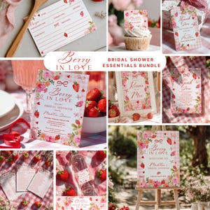 May include: A collection of bridal shower essentials with a "Berry in Love" theme. The items include invitations, recipe cards, thank you tags, a welcome sign, and a "Kisses Mrs" sign, all decorated with strawberries and floral accents.