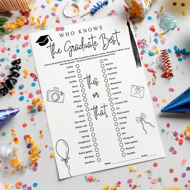 May include: A white paper game sheet titled "Who Knows the Graduate Best" with fill-in-the-blank questions. The sheet is decorated with a graduation cap, camera, balloon, and confetti.