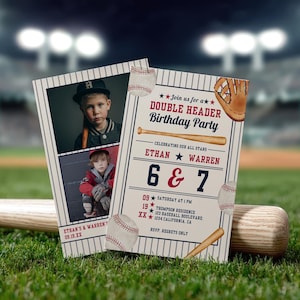 May include: Baseball-themed birthday party invitations. The design features a baseball bat, baseballs, and a baseball glove. The invitation includes photos of two children and the text "DOUBLE HEADER Birthday Party".