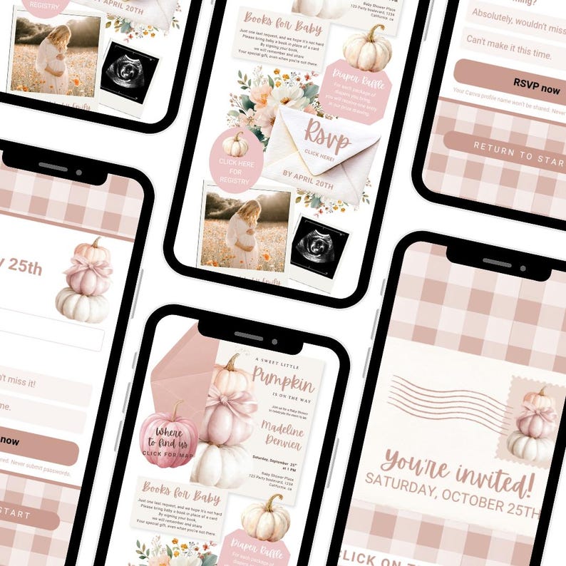 Pu&ograve; includere: Modelli di invito digitale per baby shower visualizzati su diversi schermi di smartphone. I design presentano un motivo a quadri rosa e bianco, illustrazioni di zucche impilate, accenti floreali e testo che include RSVP, Books for Baby e You're invited.