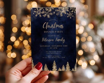 May include: A navy blue Christmas dinner party invitation with gold snowflake and tree accents. The invitation includes the text "Christmas Dinner Party" and details for the Peterson Family, December 23rd at 8 PM.