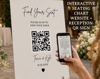 May include: A white rectangular wedding sign on a gold easel featuring the text Find Your Seat, Please scan to find your table, Tricia & Kyle, 10.25.20XX, a heart icon, and a large QR code. A smartphone displays the same interactive seating chart.