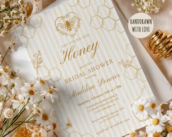 Hand Drawn She Found Her Honey Bridal Shower Invitation Template | Bride to Bee Editable Canva Invite | Yellow Bow Stripes Cottagecore