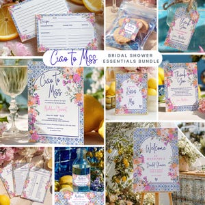Puede incluir: Un conjunto de elementos esenciales para una despedida de soltera con tarjetas de recetas, invitaciones, etiquetas de agradecimiento y señalización. Los diseños incluyen detalles florales, un patrón de azulejos azules y blancos y la frase "Ciao to Miss".