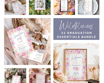 Puede incluir: Un conjunto de 22 decoraciones imprimibles para una fiesta de graduación con un diseño floral de acuarela con acentos rosados, azules y dorados. El conjunto incluye invitaciones, letreros de bienvenida, tarjetas de mesa y más. El texto "Wildflowers" y "22 Graduation Essentials Bundle" se muestra sobre un fondo morado.
