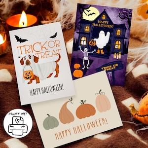 Conjunto de 3 cartões de felicitações de Halloween para impressão | Download digital 5x7 | Designs de ilustrações fofas e assustadoras | Downloads instantâneos