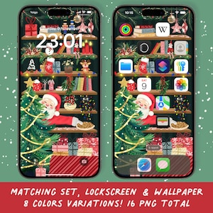 Sfondo di Natale per iPhone, icone grandi / Download digitale iOS 18, Sfondi di blocco della schermata di blocco della libreria di Natale di Babbo Natale, iPhone 15 Pro max