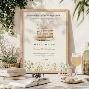 18x24 Printable Editable &quot;A New Chapter Begins&quot; Bridal Shower Welcome Sign – Book Themed Bridal Shower, Vintage Wildflower Decor