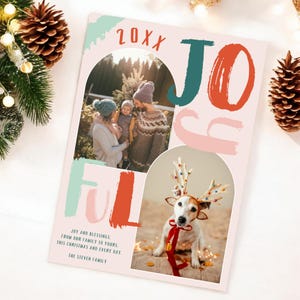 Boho Joyful 2-foto kerstwenskaartsjabloon, digitale download bewerkbare xmas fotokaart, vakantie fotokaartsjabloon, nieuwjaarswens
