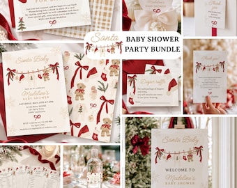 May include: A Santa Baby themed baby shower party bundle featuring printed stationery including invitations, diaper raffle cards, thank you tags, and game cards. The designs feature watercolor illustrations of teddy bears, red bows, and stockings.