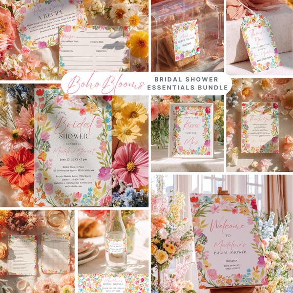 Boho Bright Watercolor Floral Bridal Shower Party Invitation Bundle, Hand-Painted Wildflower Spring Summer Bloom Garden, Games Decor