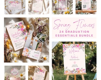Pacchetto stampabile per la festa di laurea con fiori di campo primaverili rosa tenui - Modello digitale modificabile - 24 pezzi coordinati, modello per la classe del 2025