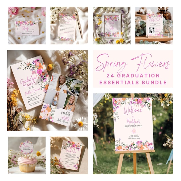 Printable Pink Spring Wildflower Graduation Party Bundle: Editable Digital Template, Class of 2026