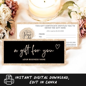 Modello di buono regalo glitter oro, modello di buono regalo modificabile di lusso per Natale, buono regalo moderno, download immediato