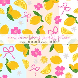 Puede incluir: Patrón sin costuras con limones dibujados a mano, flores rosas y lazos sobre un fondo azul claro, blanco y melocotón. El diseño incluye limones enteros, rodajas de limón y elementos florales. El texto dice "Hand drawn Lemons Seamless pattern".