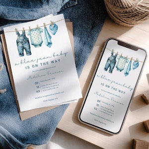 Printable Blue Jean Denim Baby Shower Invitation & Evite - Editable Boy Baby Shower Invite, Country Western Blue Jean Baby Boy Template DIY
