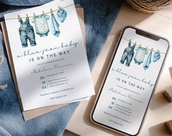 Printable Blue Jean Denim Boy Baby Shower Invitation & Evite: Editable Country Western Template