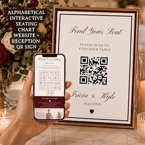 May include: A wedding reception sign with a QR code, the text Find Your Seat, Please scan to find your table, Tricia & Kyle, and 10.25.20XX. A smartphone displays a matching digital seating chart interface with alphabetical letter buttons.