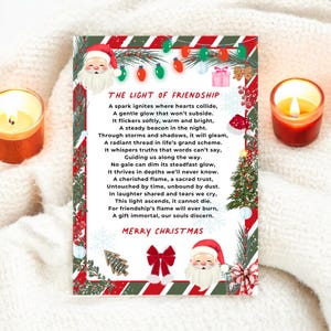Light of Friendship kerstgedicht afdrukbaar | Feestelijke printklare kaart, kerstkaartgedicht voor vriendschapsornamenten, direct downloaden