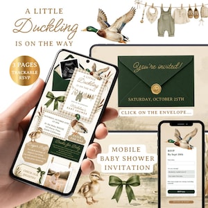 Può includere: Un modello di invito digitale per baby shower con germani reali, vestiti per neonati su un filo da bucato e fiocchi verdi. L'interfaccia mobile mostra i dettagli dell'evento, una lotteria di pannolini, un registro e un modulo RSVP.